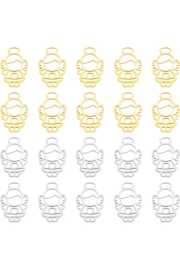 1 box 201 Stainless Steel Laser Cut Pendants Angel Golden & Stainless Steel color 15x10x1mm Hole: 3x1.5mm 2 colors 10pcs/color 20pcs/box