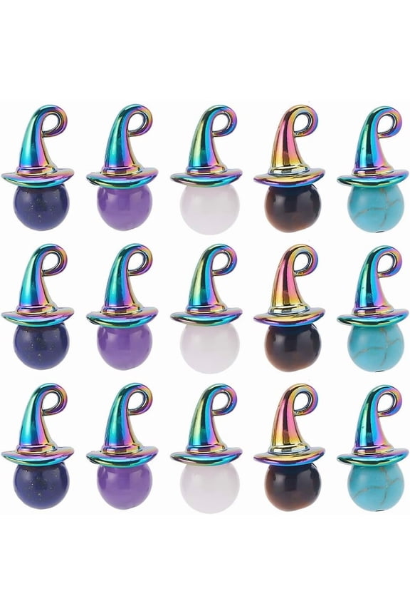 1 box 20pcs Natural & Mixed Gemstone Pendants Round Charms with Rainbow color Plated Alloy Witch Hat Pendant Bails 18~18.5x10.5x11mm Hole: 1.8mm
