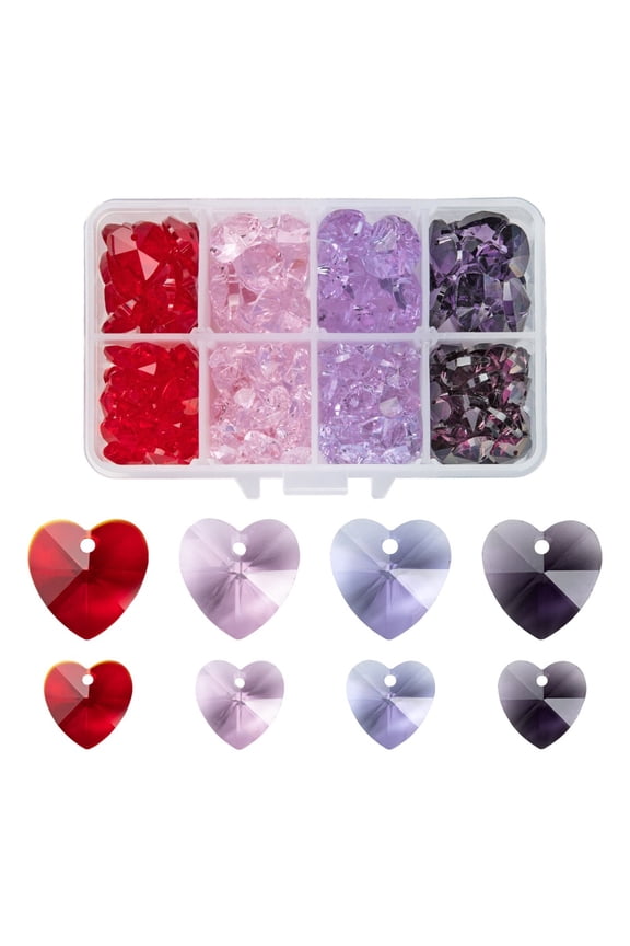 1 box 240pcs 8 style Romantic Valentines Ideas Glass Charms Faceted Heart Charm Mixed color 10~14x10~14x5~8mm Hole: 1mm