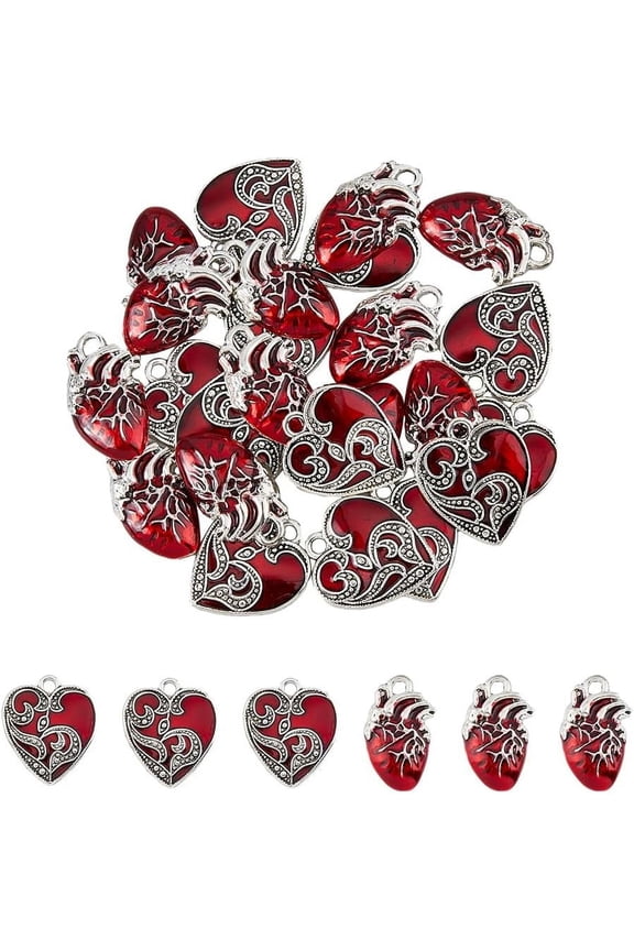 1 box 24pcs 2 style Alloy Enamel Pendants Heart Charm Antique Silver Silver 24~25x16~20x2~4mm Hole: 2.2~2.5mm 12pcs/style
