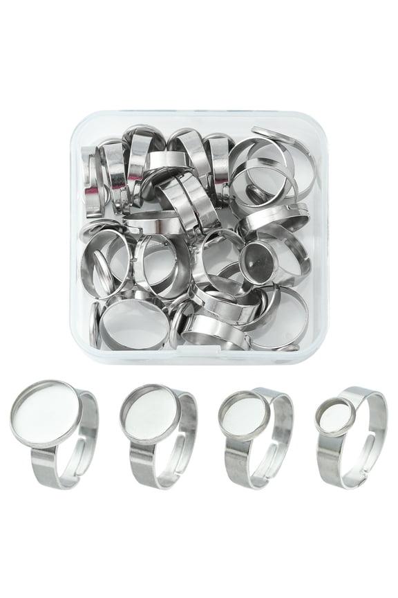 1 box 24pcs 4 Size Adjustable 304 Stainless Steel Finger Rings Components Bezel Cup Ring Settings Flat Round Stainless Steel color Inner Diameter: 17~18mm Tray: 6~12mm 6pcs/size