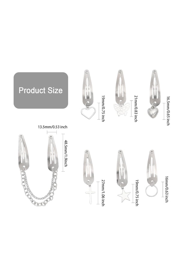 1 box 24pcs 7 style Iron Snap Hair Clips with Iron Charms for Girls Platinum Mixed Shapes 62~190mm