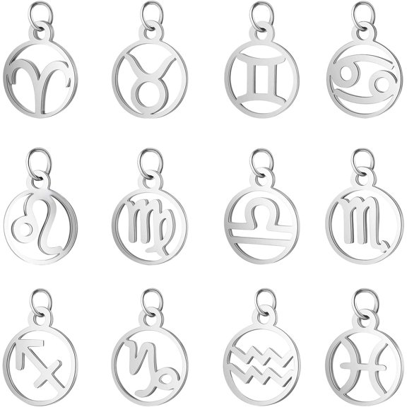 1 box 24pcs Stainless Steel Zodiac Sign Pendants Hollow 12 Constellations Charm 2.5mm Hole Flat Round with Constellation Pendant for DIY Necklace Making Stainless Steel color 304 Stainless Steel
