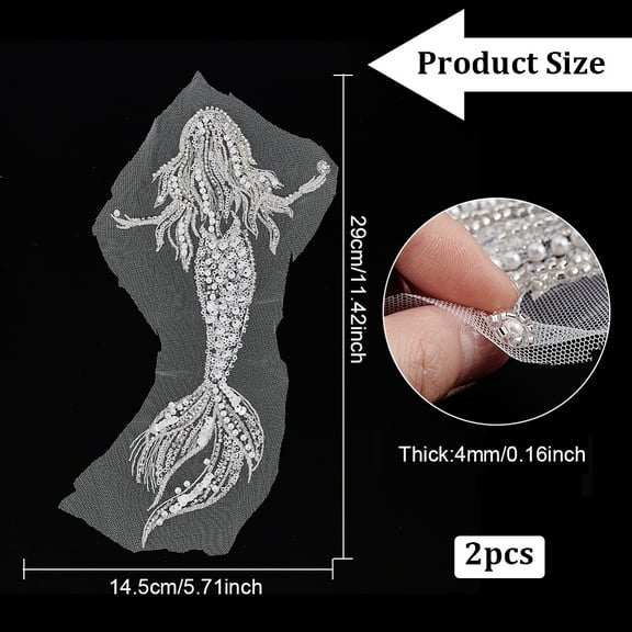 1 box 2pcs Mermaid Computerized Embroidery Cloth Sew On Sequins Patches Beaded Appliques Stick On Patch with Rhinestones and Imitation Pearl Costume Accessories White 290x145x4mm