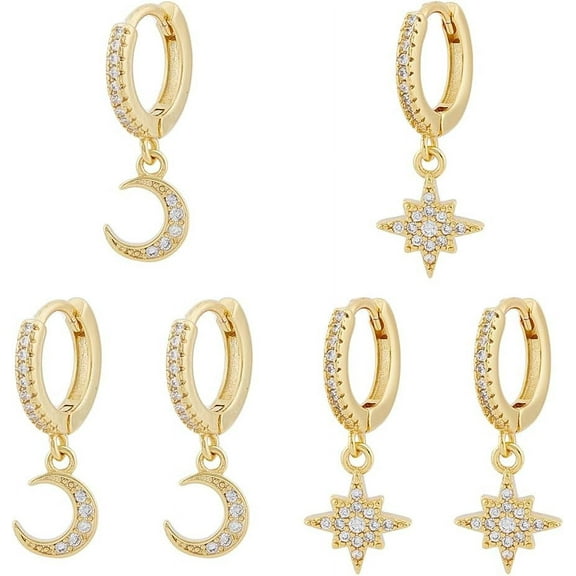 1 box 3 Pair 3 style Clear Cubic Zirconia Moon & Star Dangle Hoop Earrings Brass Asymmetrical Earrings for Women Golden 22~23.5mm Pin: 0.8mm 1 Pair/style Cubic Zirconia