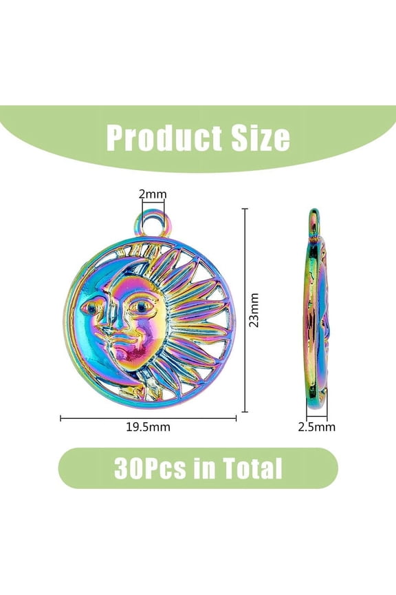 1 box 30Pcs Sun Face Charms 3D Flat Round with Sun Charms Rainbow Celestial Sun Moon Pendants Textured Alloy Pendants Astronomy Charm for DIY Crafts Jewelry Making Hole: 2mm