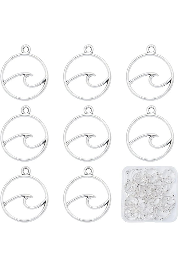 1 box 30pcs Alloy Wave Charms Silver Ocean Waves Charm Bulk Round Openwork Sea Surfer Charm for Jewellery Making Charms DIY Beach Summer Hawaii Necklace Bracelet Earring Women Beginner Adult