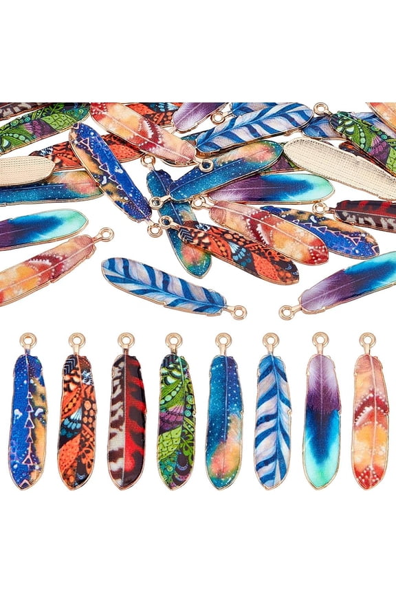 1 box 32pcs 8 colors Alloy Pendants with Enamel Light golden Feather Mixed color 38x9x2mm Hole: 1.4mm 4pcs/color