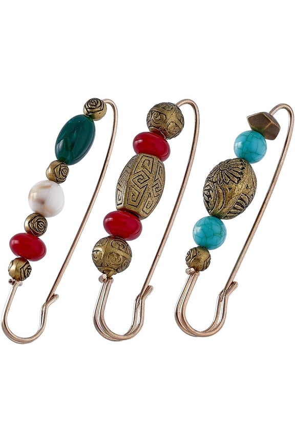 1 box 3pcs 3 styles Plastic Barrel Beaded Safety Pin Brooches Antique Bronze Iron Flower Lapel Pins for Sweater Shawl Clips Waist Pants Extender Mixed color