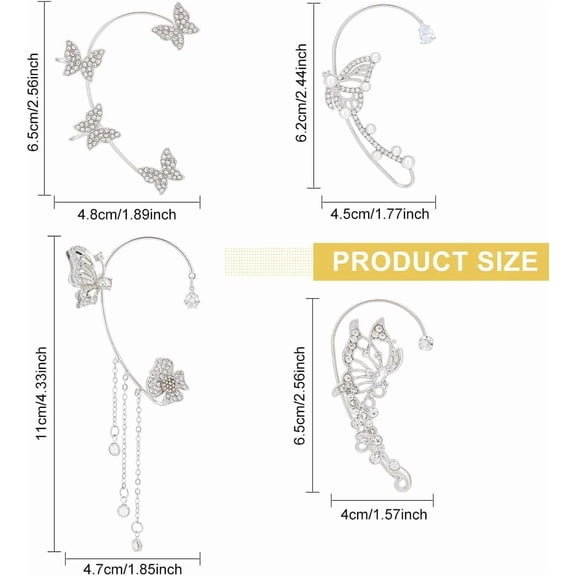 1 box 4 Pairs Sliver Butterfly Rhinestone Cuff Earrings for Women Pierced Earrings Clip On Earrings Ladies Butterfly Ear Cuffs Rhinestone Silver Wrap Crawler Earrings Non Piercing