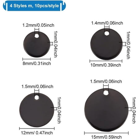 1 box 40pcs 4 Sizes Flat Round Blank Stamping Tag Black Metal Pendants 8/10/12/15mm Disc Pendants Personalized Word Tag Pendants for Jewelry Crafts Making Hole: 1.2~1.4mm