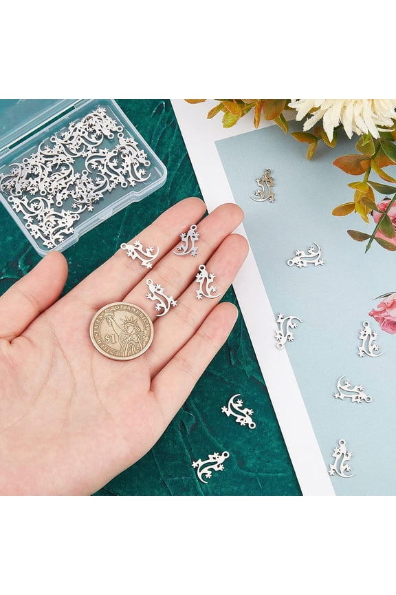 1 box 40pcs Lizard Pendants 201 Stainless Steel Hollow Charms Hypoallergenic Metal Animal Theme Pendants for DIY Jewelry Making