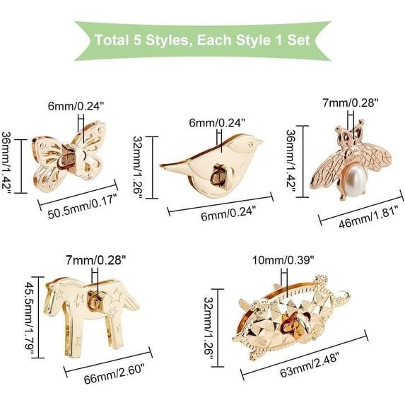1 box 5 sets Purse Turn Lock 5 styles Light golden bag Turn Buckles Alloy Purse Twist Lock Tortoise/Moth/Horse/Butterfly/Bird Purse Clasp Closure for DIY Leathercraft Shoulder bag Handbag
