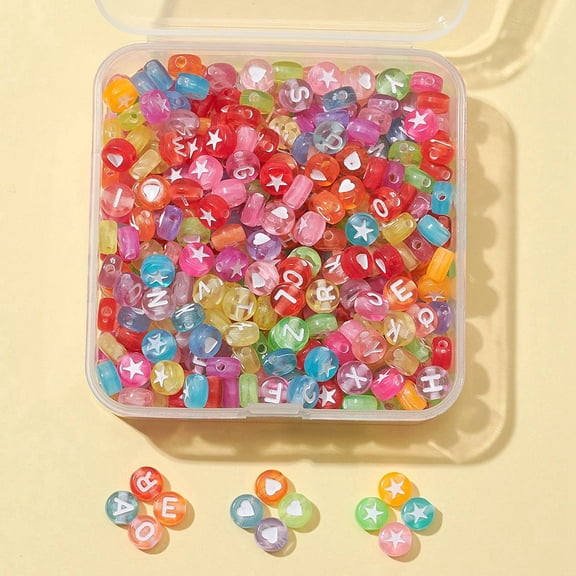 1 box 50G Transparent Acrylic Beads Flat Round with Random Initial Letter Star White Heart Mixed color 6.5~7x3.5~4mm Hole: 1.5~1.8mm