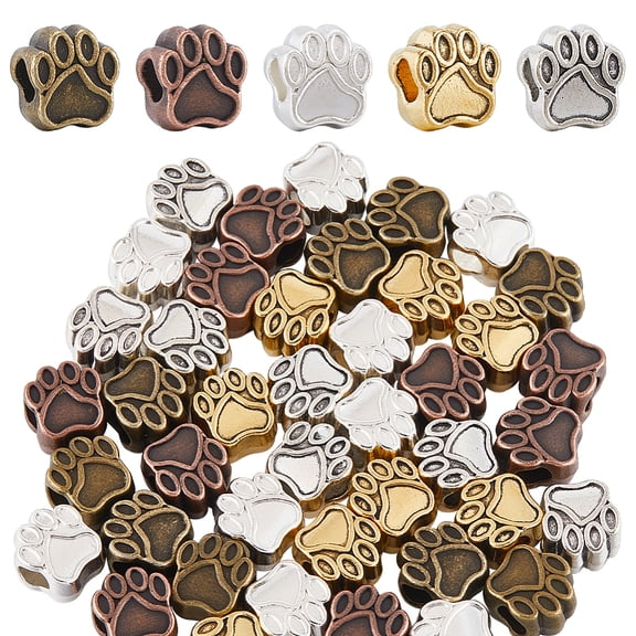 1 box 50pcs 5 colors golden Dog Paw Bead Paw Print Beads Bulk European Silver Alloy Puppy Cat Bear Animal Footprint Cute Large Hole Spacer Beads for Jewelry Making Beading Bracelets DIY Crafts