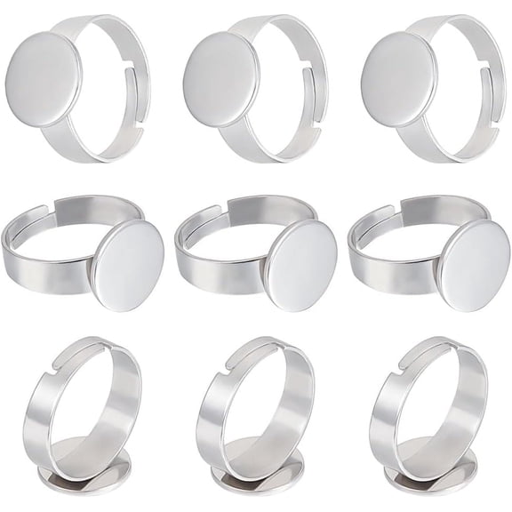 1 box 50pcs Adjustable 304 Stainless Steel Finger Rings Components Plain Pad Ring Settings Flat Round Stainless Steel color Inner Diameter: 17mm Tray: 12mm