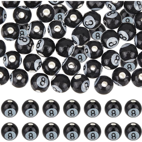 1 box 54pcs Handmade Porcelain Beads Round with Number 8 Black 8mm Hole: 2mm