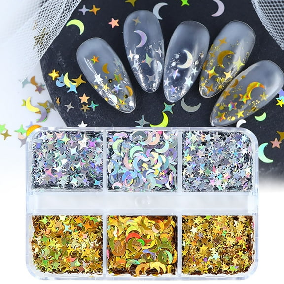 1 box/6 grid Starry Moon Nail Art Shining Gold Silver Star Moon Four-Pointed Stars Nail Sequin 3D Nail Glitter Shining Glitter Flakes for Women DIY Nail Charms Nail Decorations Nail Art Crafts