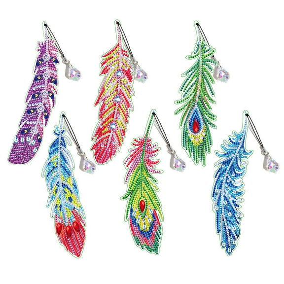1 box 6 style Diamond Art Bookmark Kit Rhinestone Diamond Art Bookmarks Feathers Diamond Art Painting DIY Beaded Bookmarks for Adults Crafts Lovers Beginners Handmade Gifts Accessories