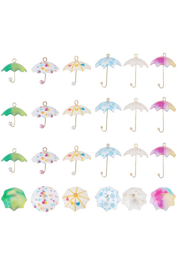 1 box 6 styles 24pcs 3D Pearl Umbrella Shaped Plastic Pendants Mini Charms Acrylic Dangle Pendants with Brass Loops for jewellery Making Charms DIY Earrings Necklace Accessories Supplies