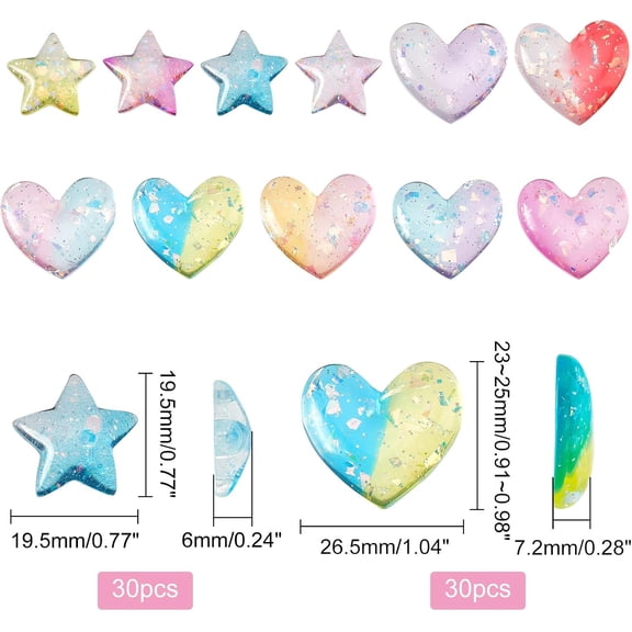 1 box 60 pcs Star Powder Slime Charms Cabochons with Glitter Transparent FlatBack Heart Resin Beads for DIY Nair Craft Scrapbooking Phone Case Embellishments Hair Clip