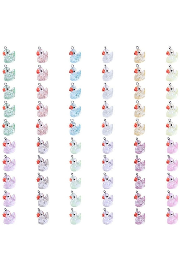 1 box 60pcs 12 colors Transparent Resin Pendants Glitter Duck Charms with Stainless Steel color Tone 304 Stainless Steel Loops Mixed color 20x12x17mm Hole: 2mm 5pcs/color