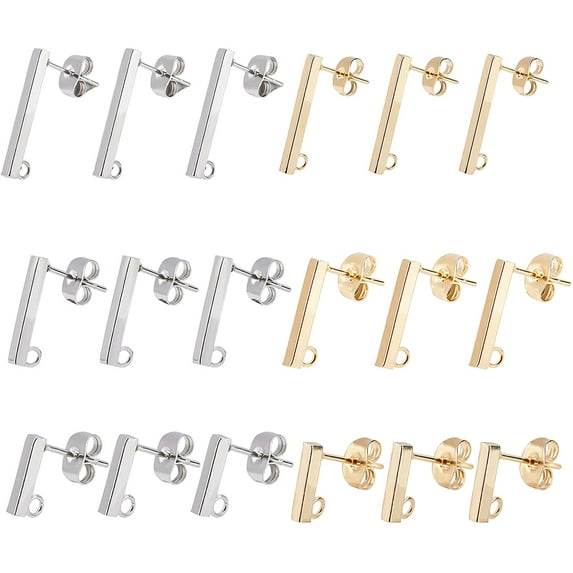 1 box 60pcs 2 Sizes 304 Stainless Steel Stud Earring Findings Rectangle Bar Earring Studs with Horizontal Loop Metal Rectangle Stud Earrings with 60pcs Ear Nuts for Earring Jewelry Making