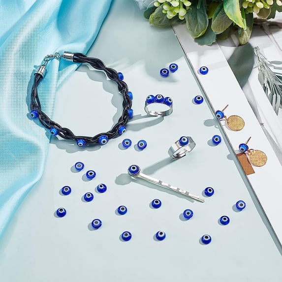 1 box 60pcs Handmade Lampwork Evil Eye Cabochons Flat Round Blue 6x2mm