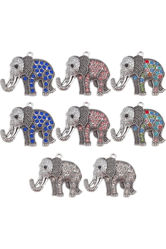 1 box 8pcs 4 colors Alloy Rhinestone Elephant Pendants Tibetan style Animal Charms 43x51mm Cubic Zirconia Charms Pendants CZ Stone Metal Beads Charms for jewelry Making Hole:3.5mm