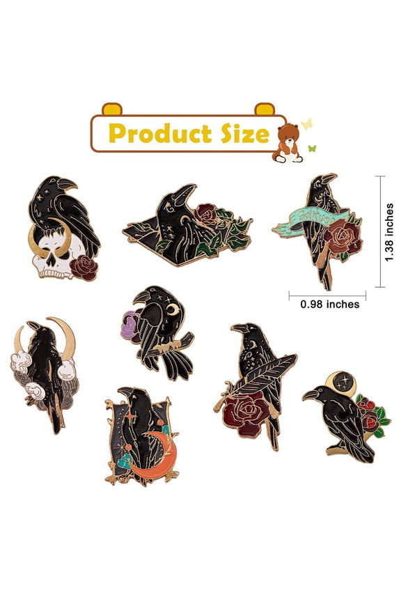 1 box 8pcs 8 style Crow Bird Enamel Pin Alloy Enamel Brooch for Backpack Clothing Light golden Mixed color 28~36x19~25x10mm Pin: 1mm 1pc/style