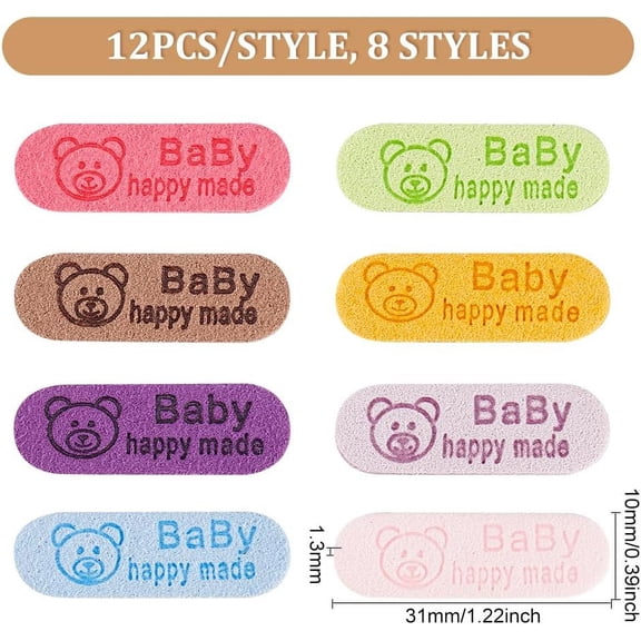 1 box 96pcs 8 colors Cloth Sewing Labels Cloth Labels for Sewing Knitting Crafts Word Happy Made Oval with Bear Pattern Mixed color 31x10x1.3mm 12pcs/color