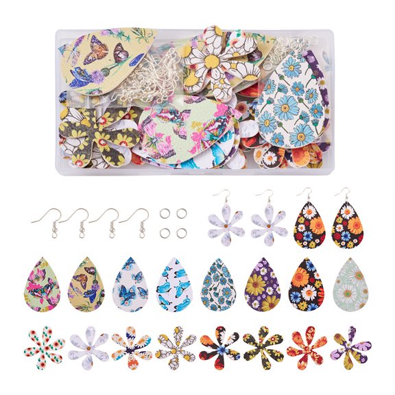 1 box Beadthoven DIY Dangle Earring Making Kits 1 box 32pcs 16 style Teardrop/Flower PU Leather Big Pendants 32pcs Brass Earring Hooks/Iron Jump Rings Mixed color Pendants: 2pcs/style