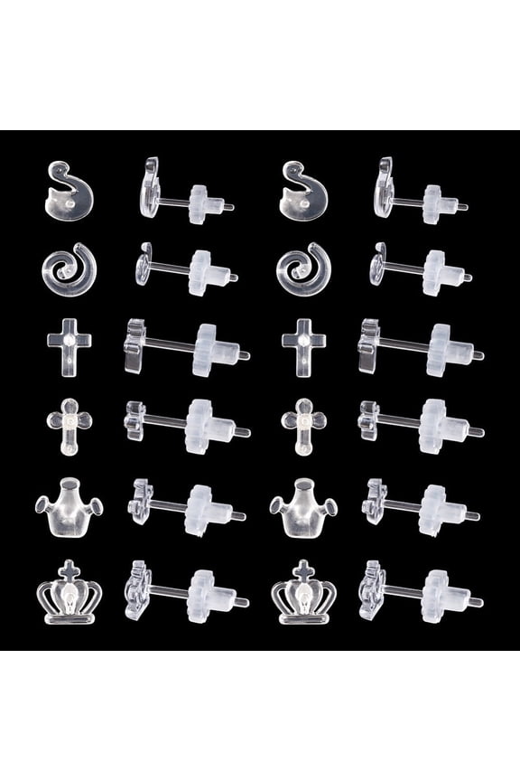1 box Boutigem 60 sets 6 style Crown Cross Swan Vortex Transparent Resin Stud Earrings for Women Clear 11.5~12.5mm Pin: 0.8mm 10 sets/style