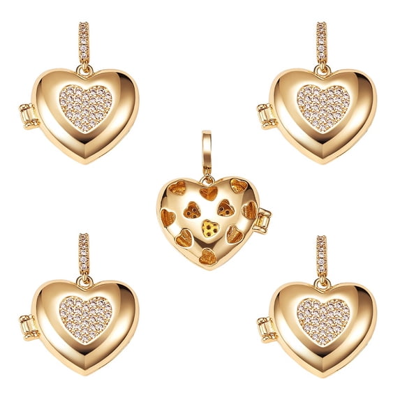 1 box Brass Micro Pave Clear Cubic Zirconia Diffuser Locket Pendants Long-Lasting Plated Lead Free & Cadmium Free Heart with Heart Real 18K golden Plated 19x23x8mm Hole: 5.5x3mm 5pcs/box