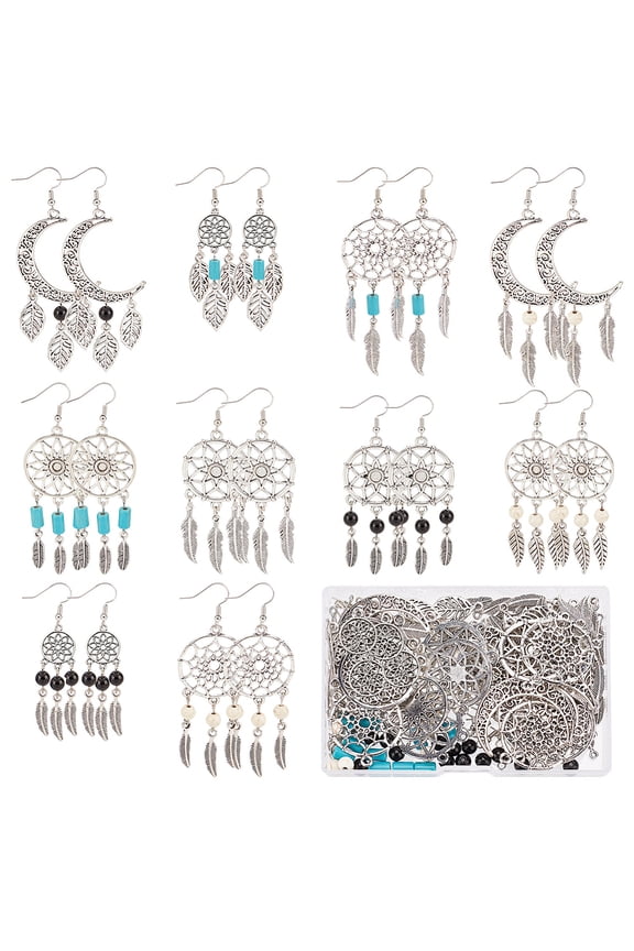 1 box DIY 10 Pairs Boho style Dream Catcher Charms Earrings Making Kit Chandelier Charms Crescent Moon Leaf Charm Feather Charms Turquoise Beads for Jewelry Making Kits