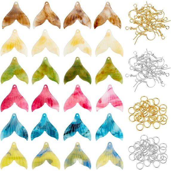 1 box DIY Dangle Earring Making Kits 24pcs 6 colors Whale Tail Shape Cellulose Acetate(Resin) Pendants Iron Jump Rings Earring Hooks Mixed color 26~26.5x26.5x2.5mm Hole: 1mm