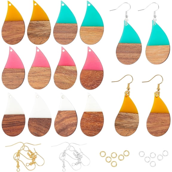 1 box DIY Dangle Earring Making Kits Including Resin Teardrop Walnut Wood Pendants Brass Earring Hooks Jump Rings Mixed color 96pcs/box