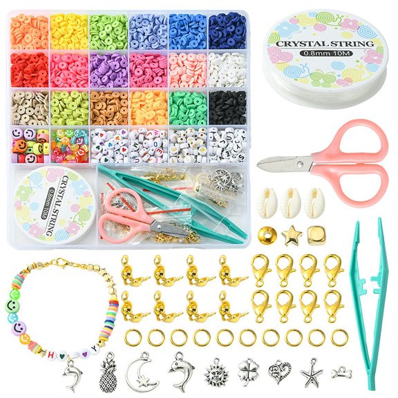 1 box DIY Heishi Surfer Bracelet Necklace Making Kit Including Polymer Clay Disc & Acrylic Letter & Plastic Star & Natural Shell