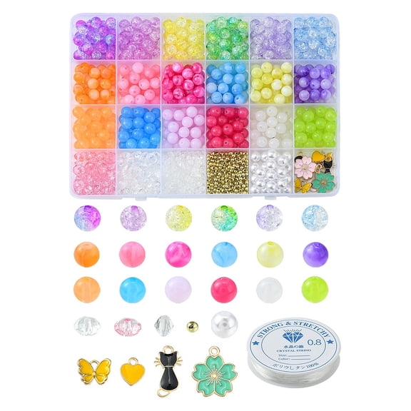 1 box DIY Stretch Bracelet Making Kit Including Acrylic Imitation Jade Plastic Pearl Round Beads Cat Flower Heart Butterfly Alloy Enamel Charms Mixed color 863pcs/box