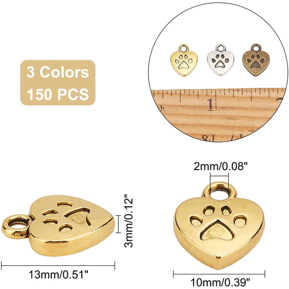 1 box Heart Dog Charms 150pcs 3 Color Tibetan Alloy Heart with Love My Dog Puppy Dog Paw Prints Charms Footprint Pendant Beads Charms for DIY Bracelet Necklace Jewelry Making