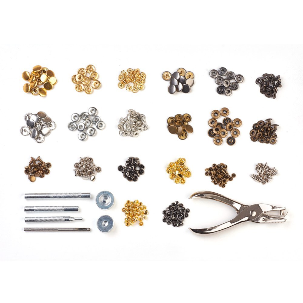 1 box Metal Jewelry Buttons Fastener Install Tool sets with Snap Buttons and Rivet Fixing Tool Pliers and Plastic Packing box Mixed color 19x13.1x2.2cm 4colors/box 10sets/color