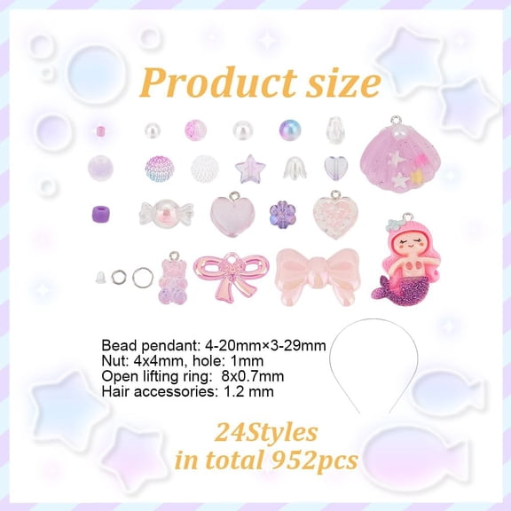 1 box Purple Acrylic Beads Kit Round Pearl Beads Transparent Beads Heart Flower Candy Beads Bubblegum Bowknot Beads Mermaid Charm with Jump Rings