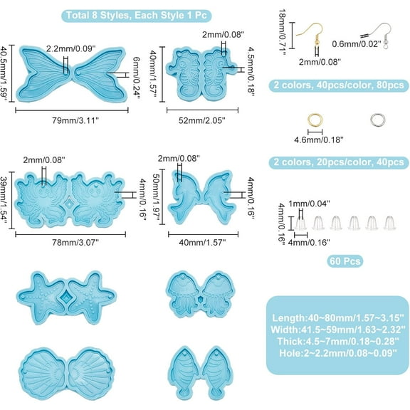 1 box Resin Casting Molds Shell & Fishtail & Sea Horse & Dolphin & Fish Pendant Silicone Molds with Iron Open Jump Rings & Earring Hooks Plastic Ear Nuts Sky Blue Molds: 8pcs/box