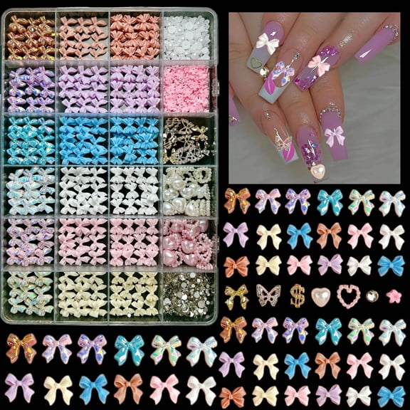 1 box mixed resin nail accessories solid color flat bottom bow pearl nail decoration DIY handmade box