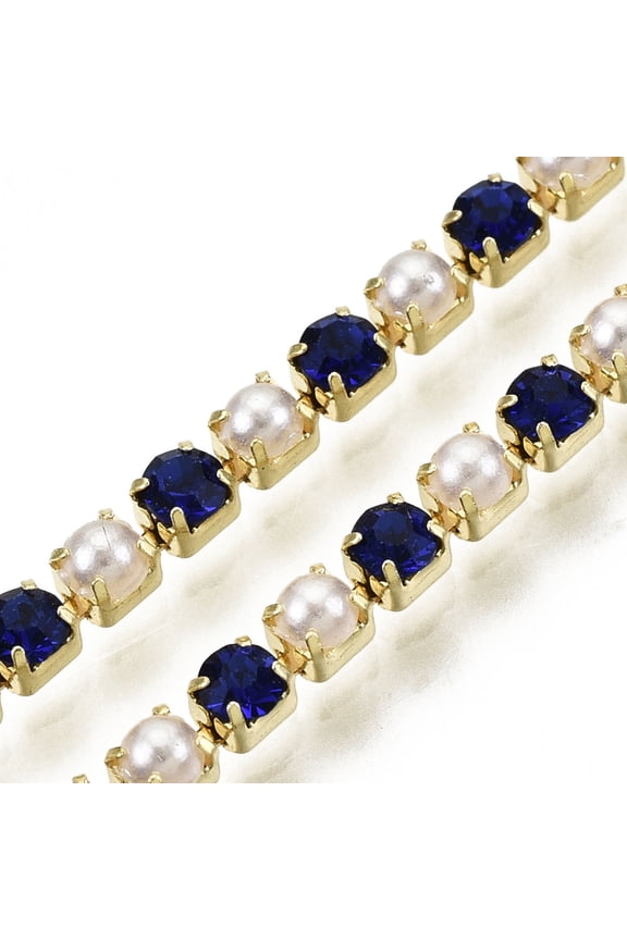 1 bundle Brass Rhinestone Strass Chains with ABS Plastic Imitation Pearl Rhinestone Cup Chain Grade A Raw(Unplated) Sapphire 2x2mm 4000pcs rhinestone/bundle 32.8 Feet(10m)/bundle