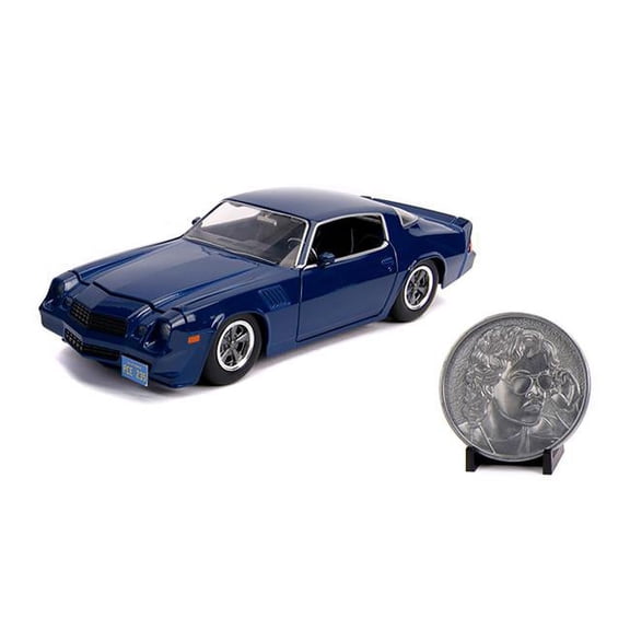 1 by 24 Scale Stranger Things Billys Diecast Model Car for Chevy Camaro Z28 with Collectible Coin, Dark Blue