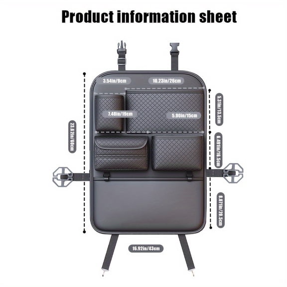 1 car seat backrest storage bag with diamond pattern - PU leather interior storage bag, multiple compartments for water bottles, tablets, laptops, and accessories, black