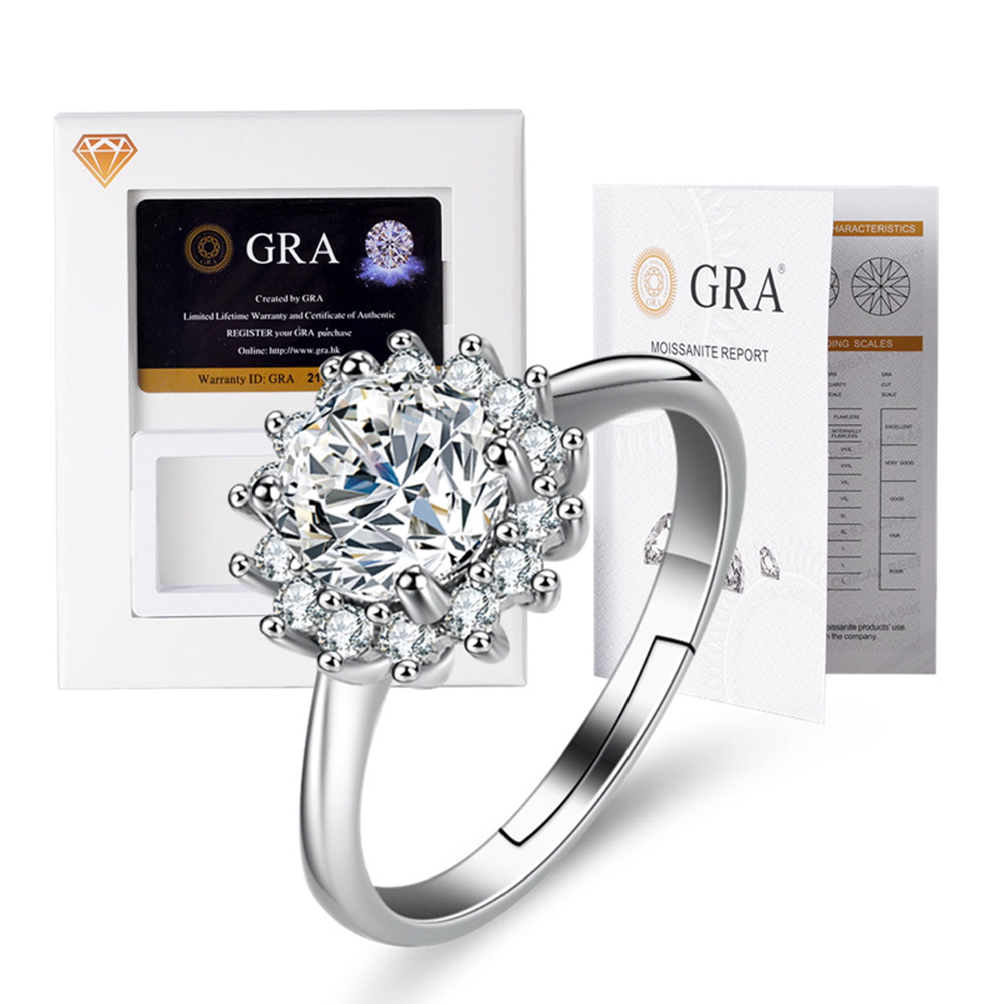 1 carat 6.5mm Moissanite Ring Shinning Flower Shape Engagement Rings White Gold Plated Silver Wedding Jewelry for Women with Adjustable Open