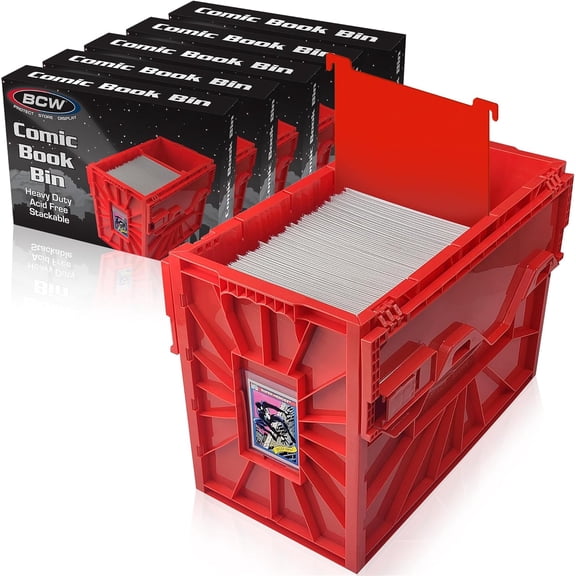 BCW Short Comic Book Bin Red 5 Pack Holds 150 Comics Each Acid Free Heavy Duty Plastic Comic Book Storage Box with Partition