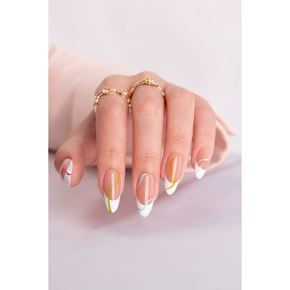 1 cm Art Ready-To-Press collection. Long Almond Fluorescent Waves, 30 pieces press on nails